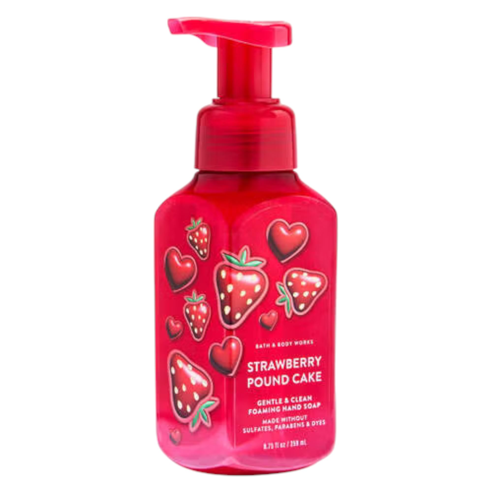 Bath & Body Works Strawberry Pound Cake bottle shows gentle foaming soap for soft hands