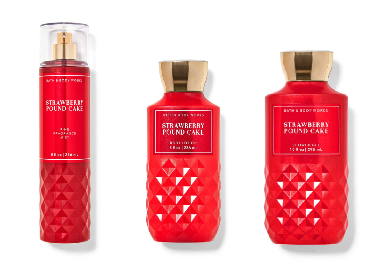 Bath & Body Works Strawberry Pound Cake shower gel, daily trio, provides a refreshing cleanse and inviting scent