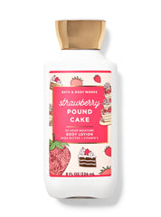 Bath & Body Works Strawberry Pound Cake lotion bottle offering long-lasting moisture for smooth skin.