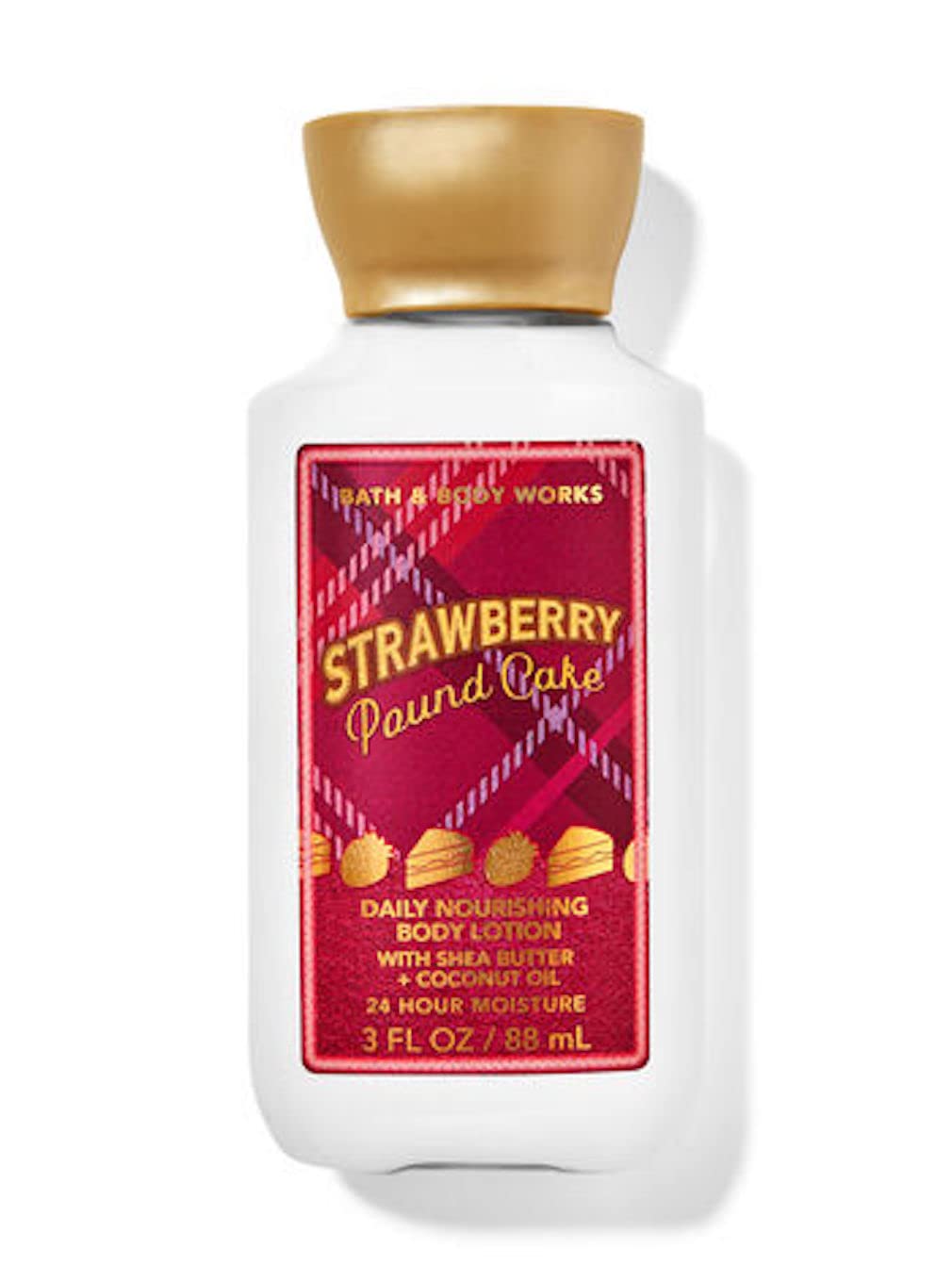 Bath & Body Works Strawberry Pound Cake lotion travel size bottle for long-lasting moisture and soft skin.