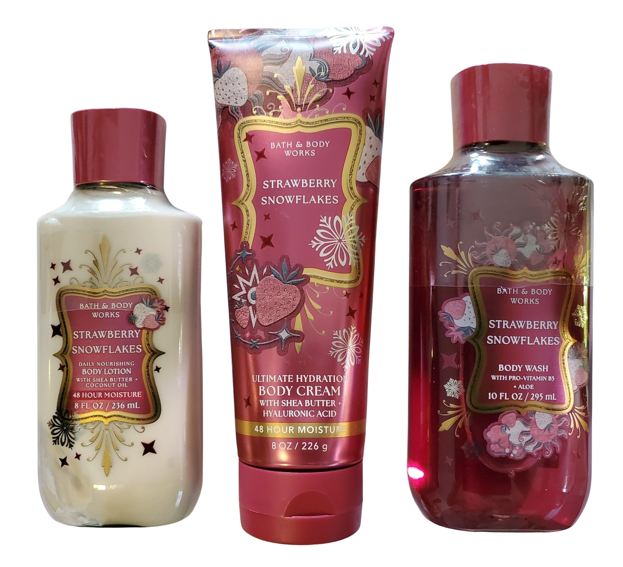 Bath & Body Works Strawberry Snowflakes Body Wash bottle; refreshing cleanse with juicy strawberry scent.