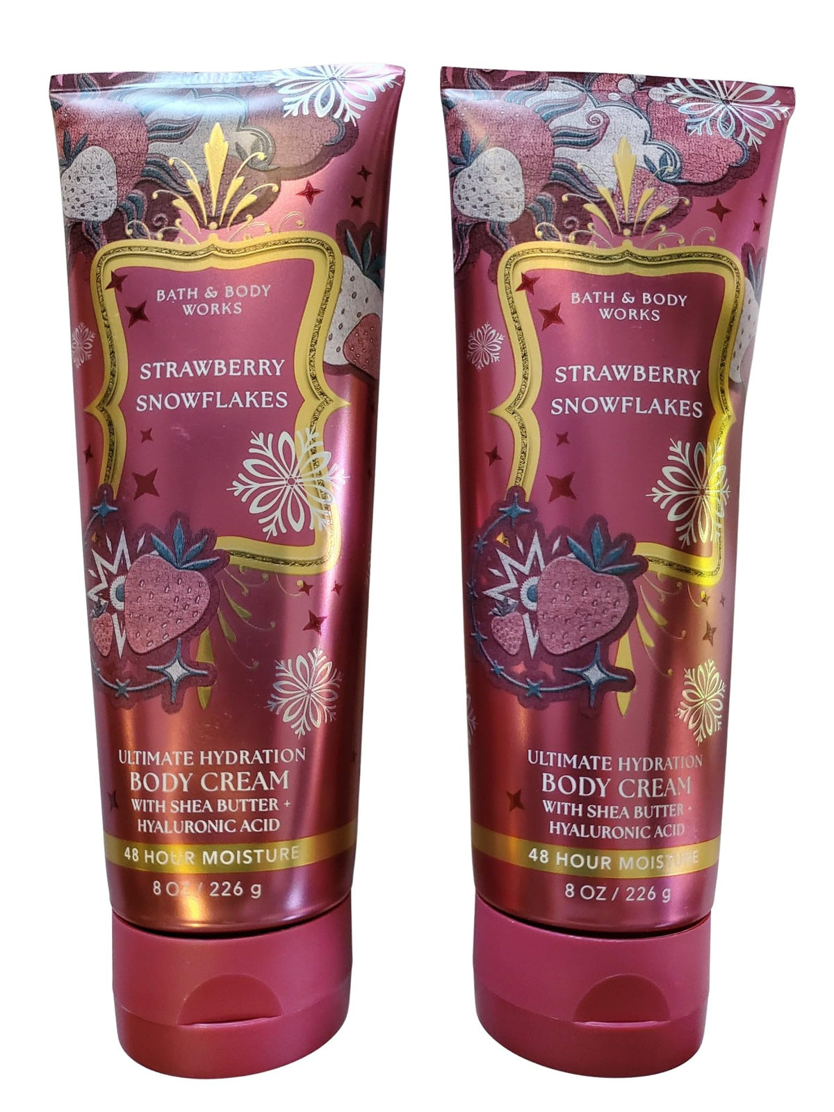 Bath & Body Works Strawberry Snowflakes bottle front view highlighting rich hydration.