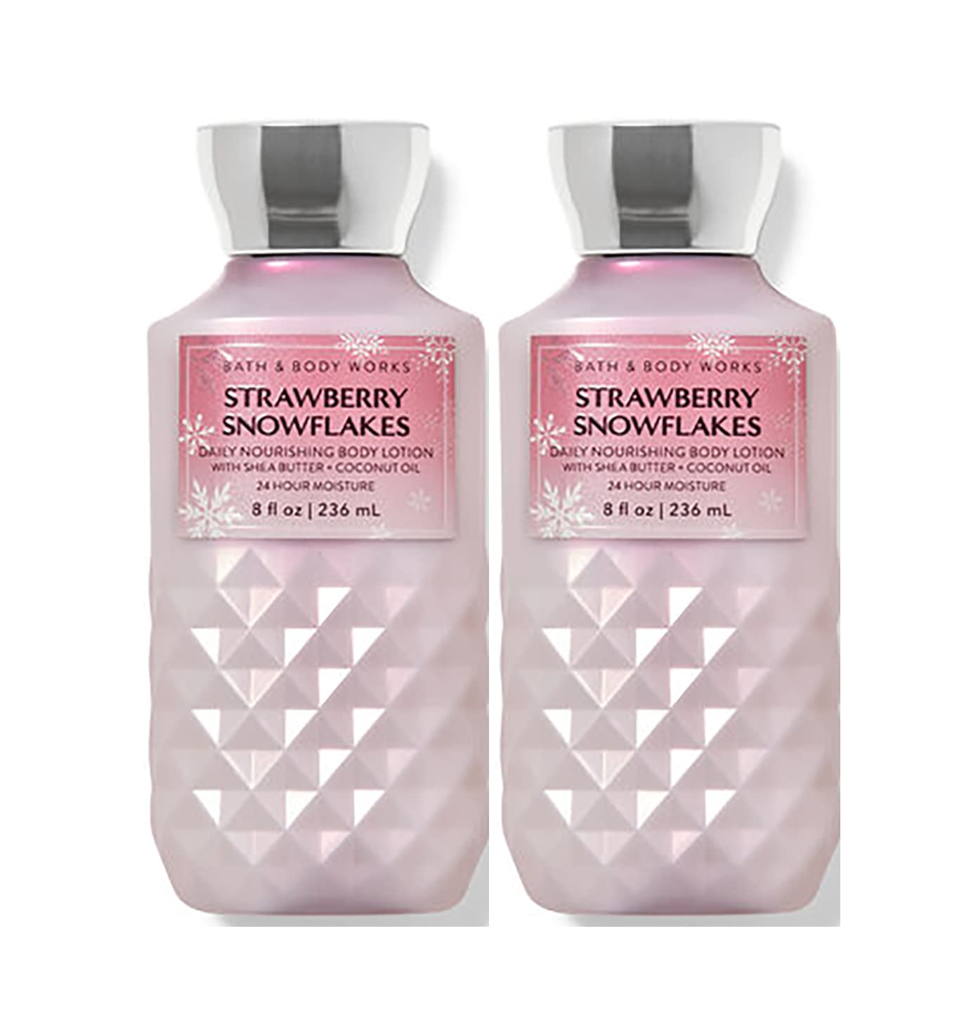 Bath & Body Works Strawberry & Snowflakes lotion two-pack bottles for all-day hydration.