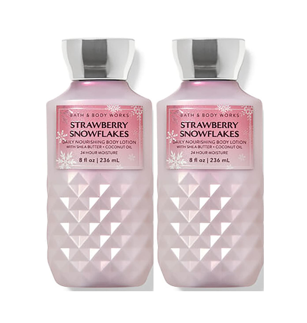 Bath & Body Works Strawberry & Snowflakes lotion two-pack bottles for all-day hydration.