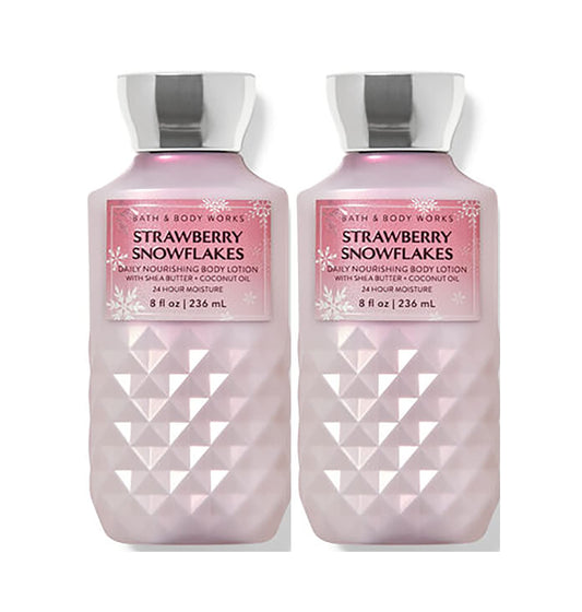 Bath & Body Works Strawberry & Snowflakes lotion two-pack bottles for all-day hydration.