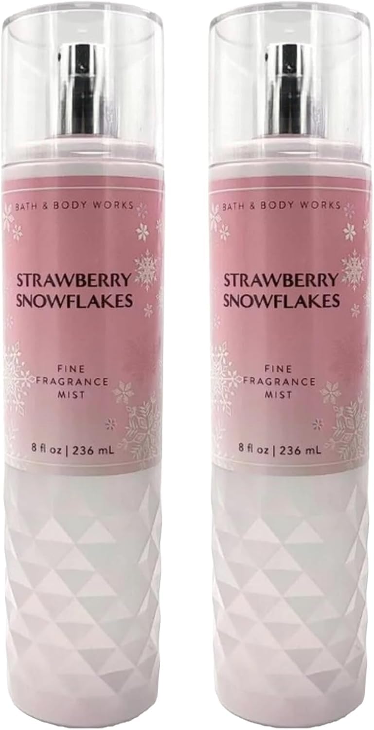 Close-up of Bath & Body Works Strawberry Snowflakes mist bottle branding.