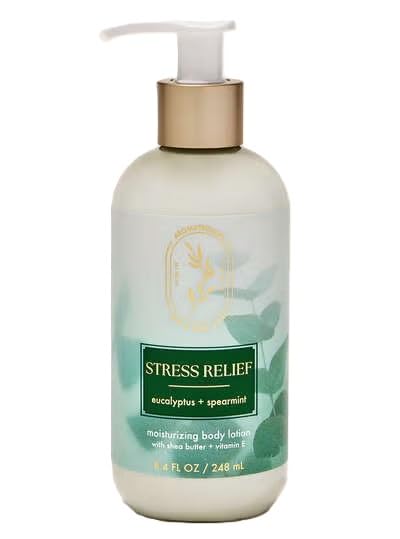 Bath and Body Works Stress Relief moisturizing lotion bottle with eucalyptus spearmint for nightly relaxation.