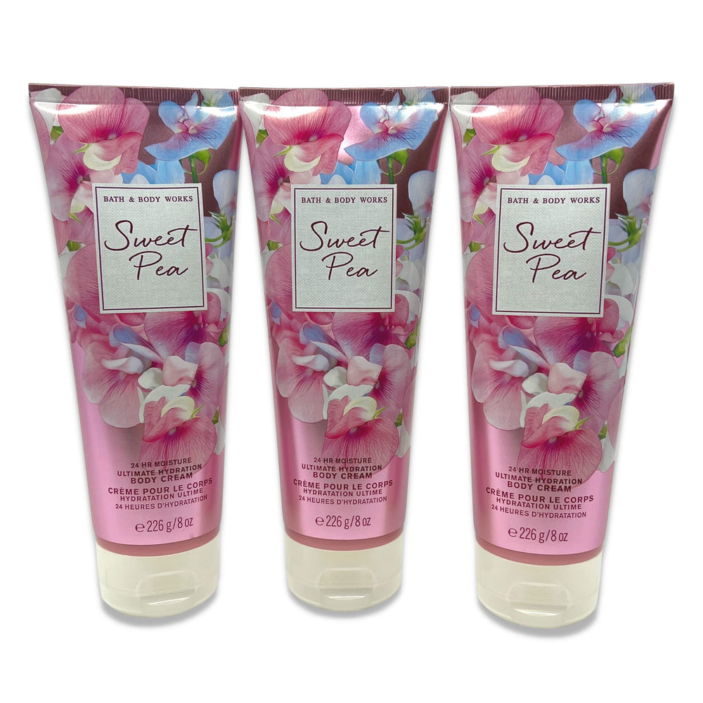Bath and Body Works Sweet Pea Body Cream bottle shows rich hydration for skin