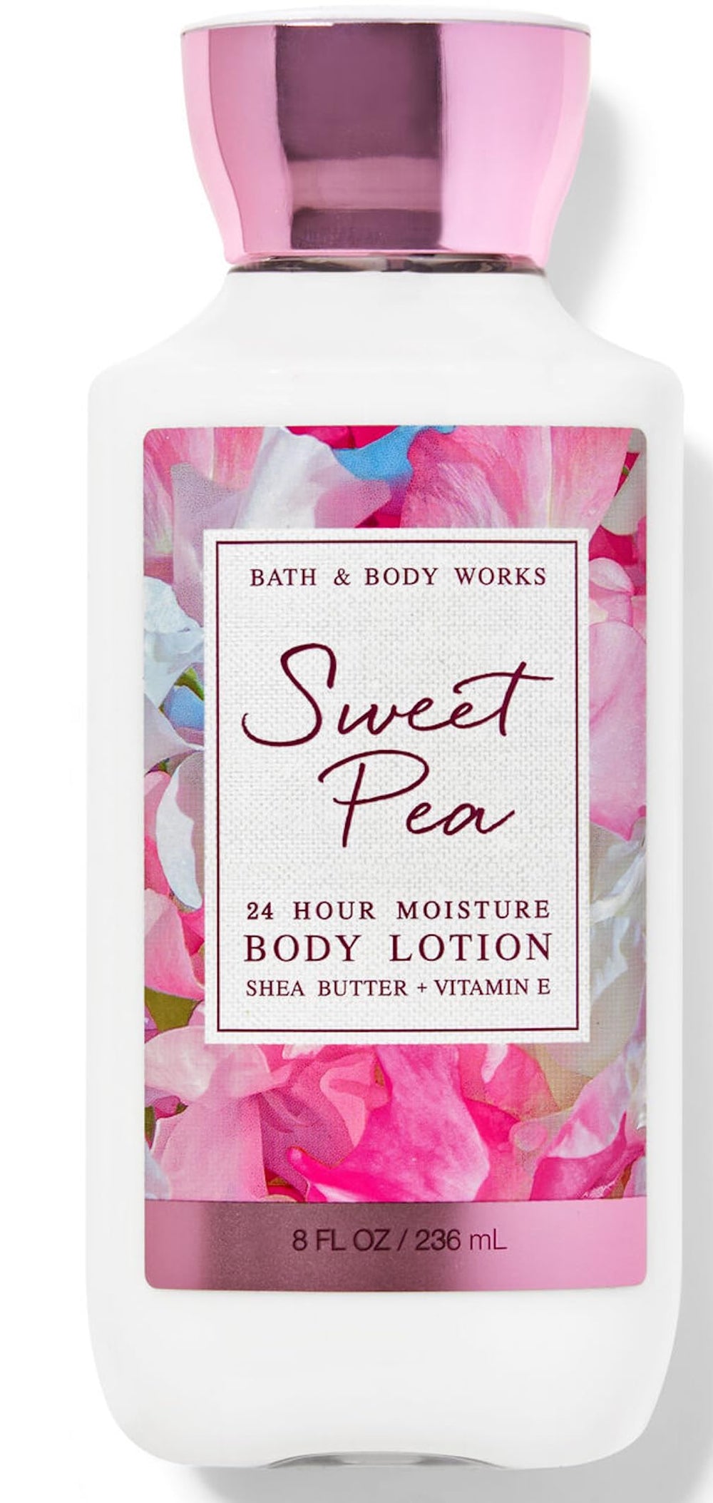 Bath and Body Works Sweet Pea lotion bottle for 24-hour hydration