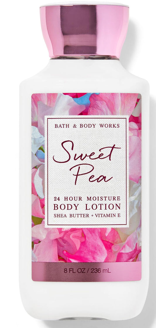 Bath and Body Works Sweet Pea lotion bottle for 24-hour hydration