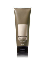 Bath & Body Works Teakwood body wash bottle with rich lather and woodsy aroma.