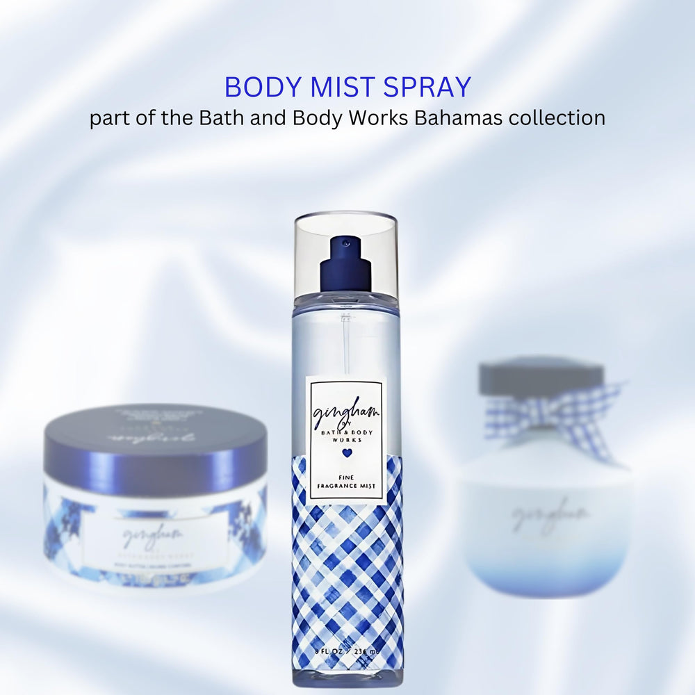 Bath & Body Works travel-friendly Gingham spray bottle for on-the-go use.