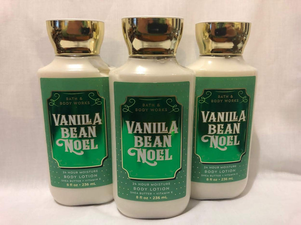 Bath and Body Works Vanilla Bean Noel 3-pack lotion front view for silky skin