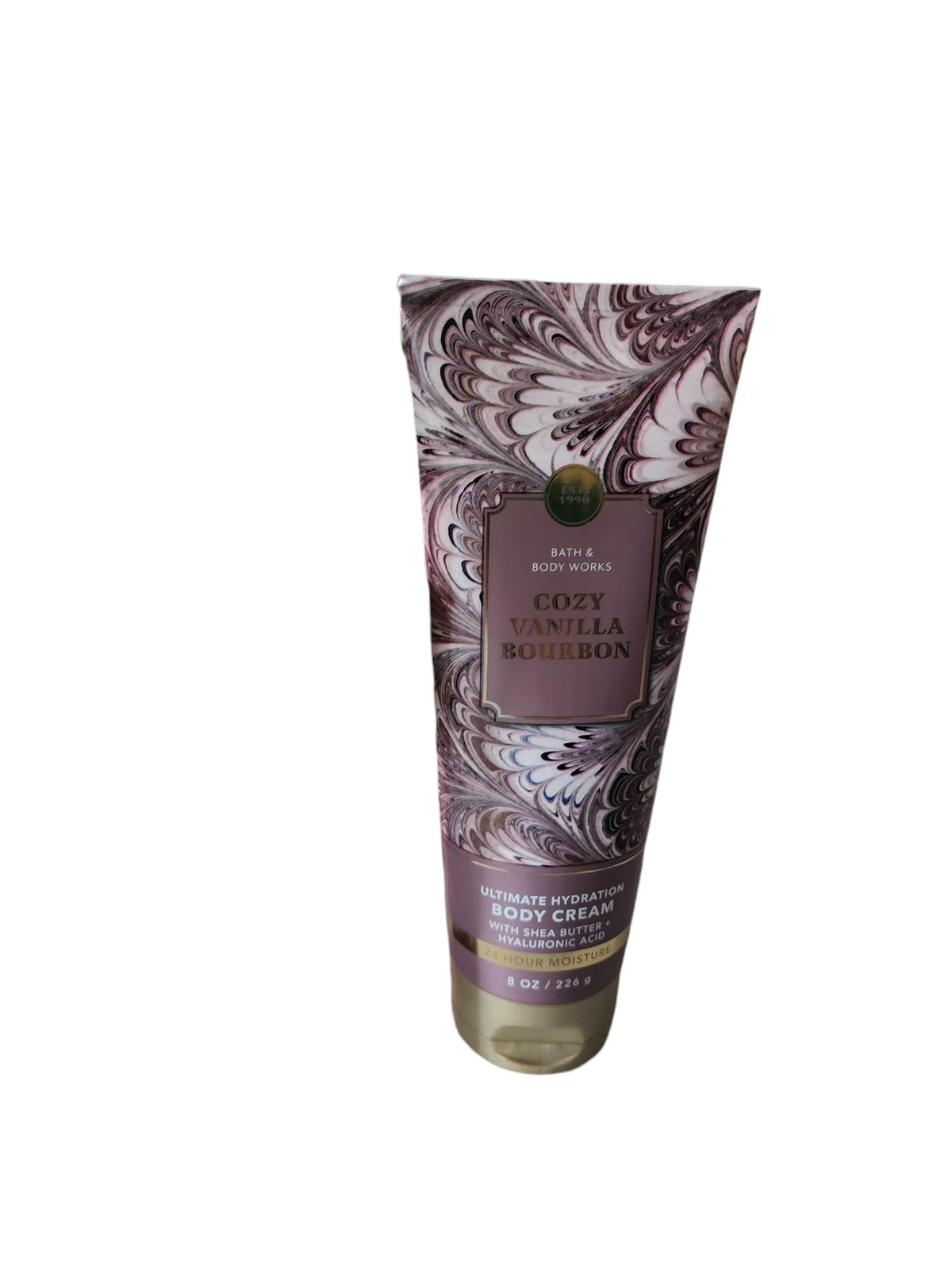 Bath and Body Works Vanilla Bourbon body cream packaging highlights premium hydration