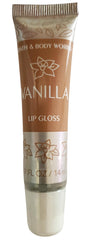 Bath & Body Works Vanilla Lip Gloss bottle shows creamy vanilla shine and nourished lips.