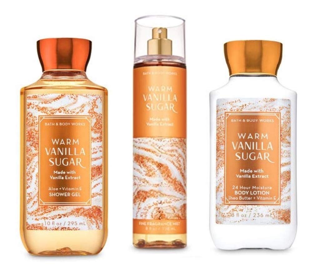 Bath & Body Works Warm Vanilla Sugar shower gel bottle delivers rich lather with vitamin E and aloe