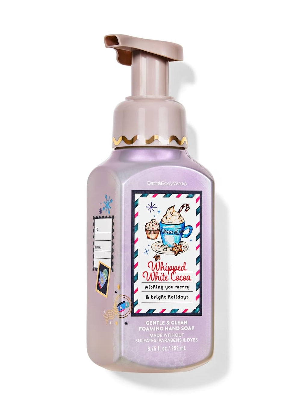 Bath & Body Works Whipped White Cocoa bottle pour, showing creamy foam for soft, nourished hands