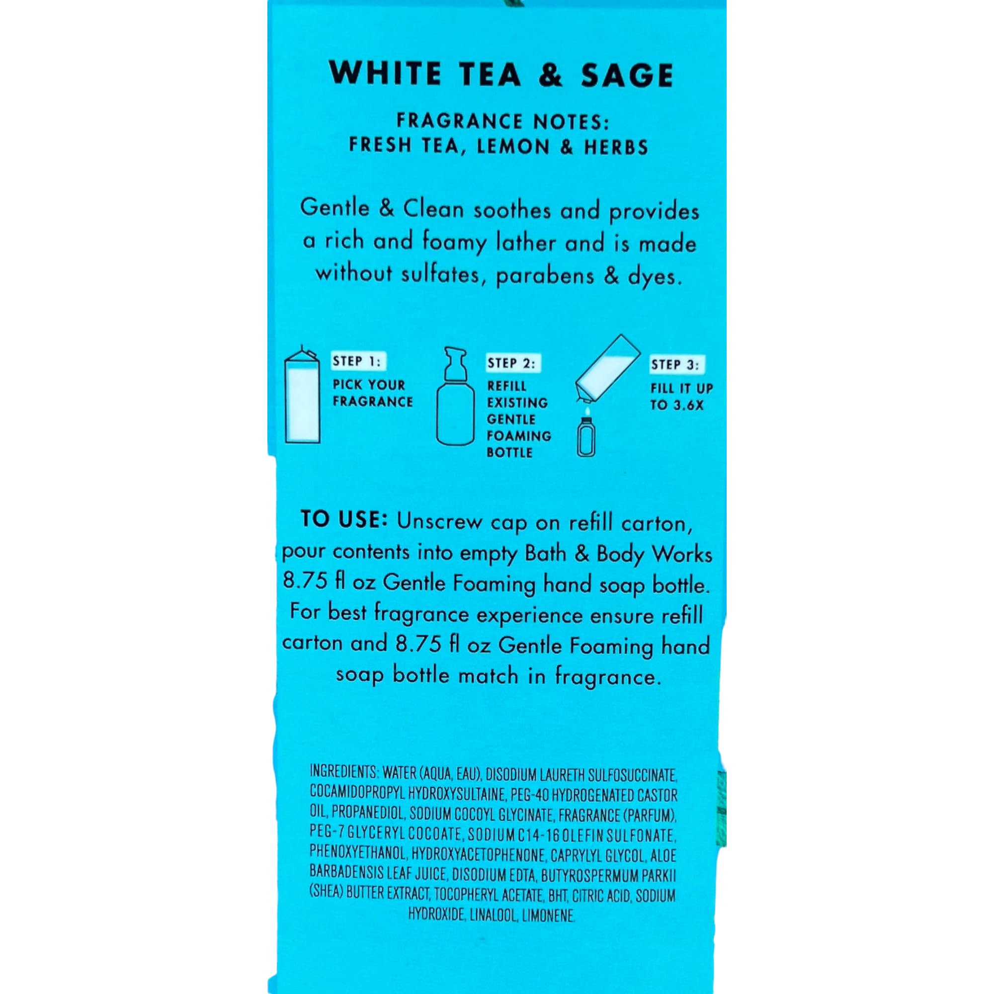 Bath & Body Works White Tea & Sage foaming soap bottle, blue, gentle lather
