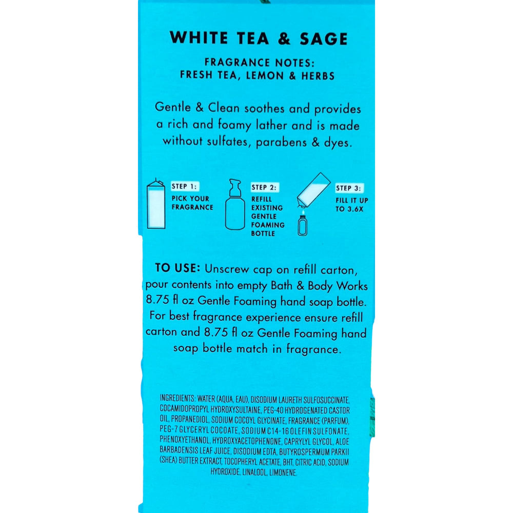 Bath & Body Works White Tea & Sage foaming soap bottle, blue, gentle lather