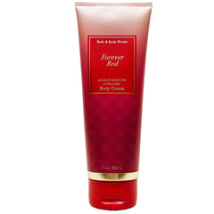 Forever Red cream application swirl highlights smooth, non-greasy hydration from Bath & Body Works.