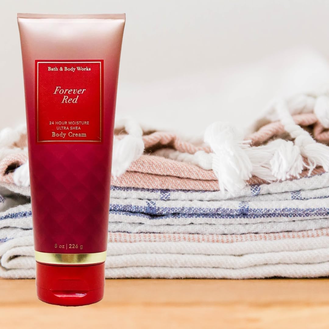 Forever Red fragrance notes—pomegranate, red peony, vanilla rum—fragrance snapshot for mood elevating use.