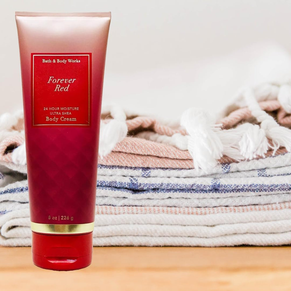 Forever Red fragrance notes—pomegranate, red peony, vanilla rum—fragrance snapshot for mood elevating use.