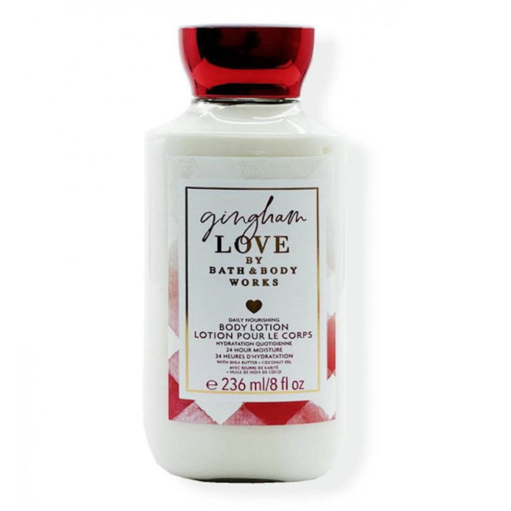 Bath & Body Works Gingham Love lotion bottle for long-lasting moisture and soft skin.
