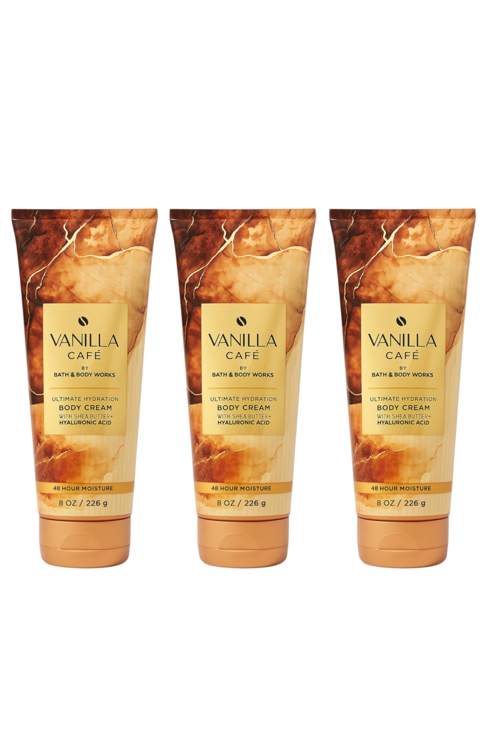 Bath & Body Works Vanilla Café Ultimate Hydration Body Cream three-pack tubes with fast-absorbing hydration.