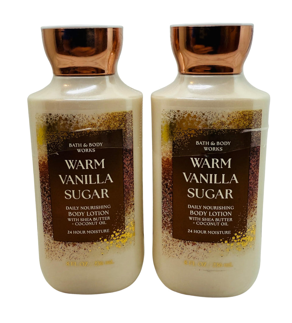 Bath & Body Works Warm Vanilla Sugar lotion bottle pour highlights creamy texture and inviting fragrance.