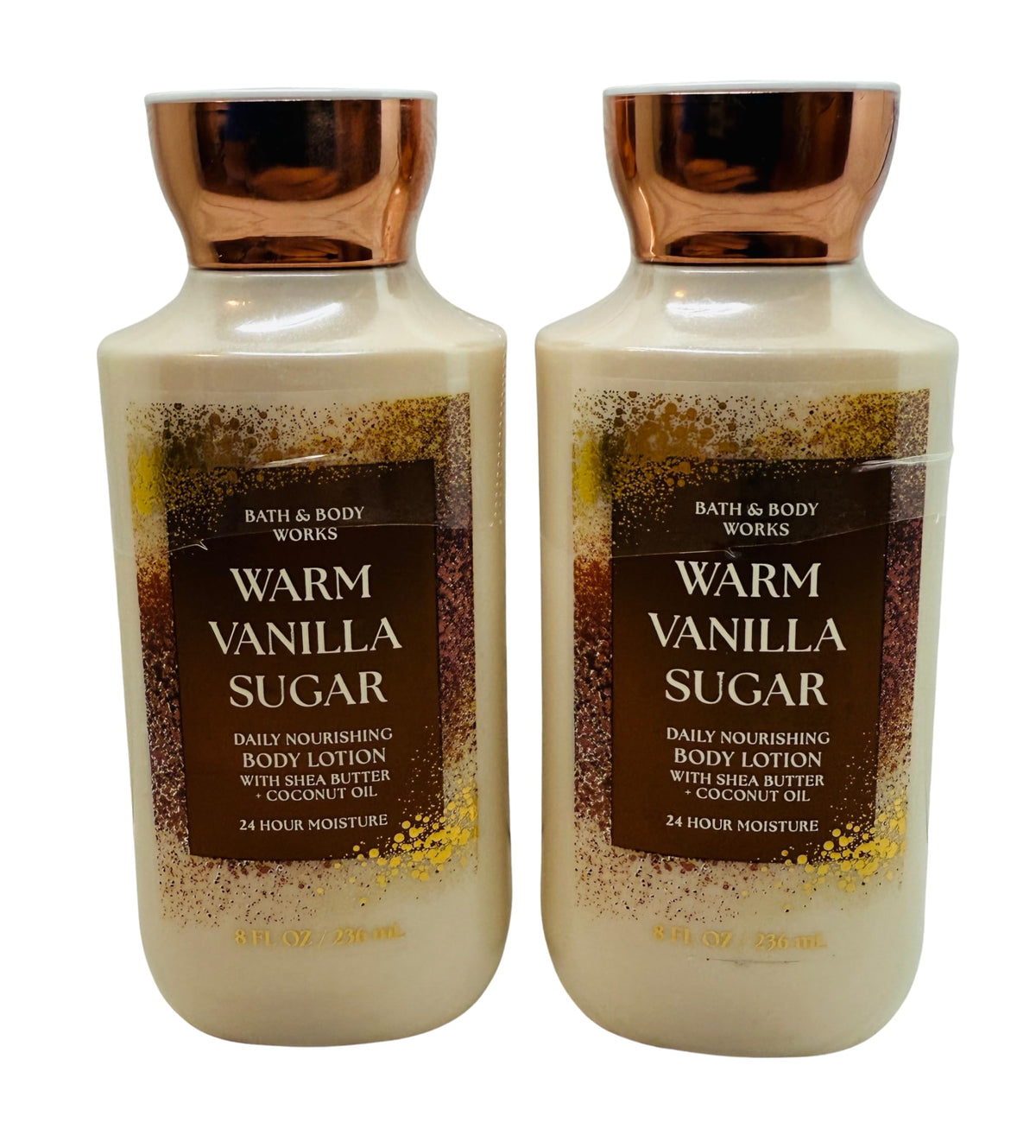 Bath & Body Works Warm Vanilla Sugar lotion bottle pour highlights creamy texture and inviting fragrance.
