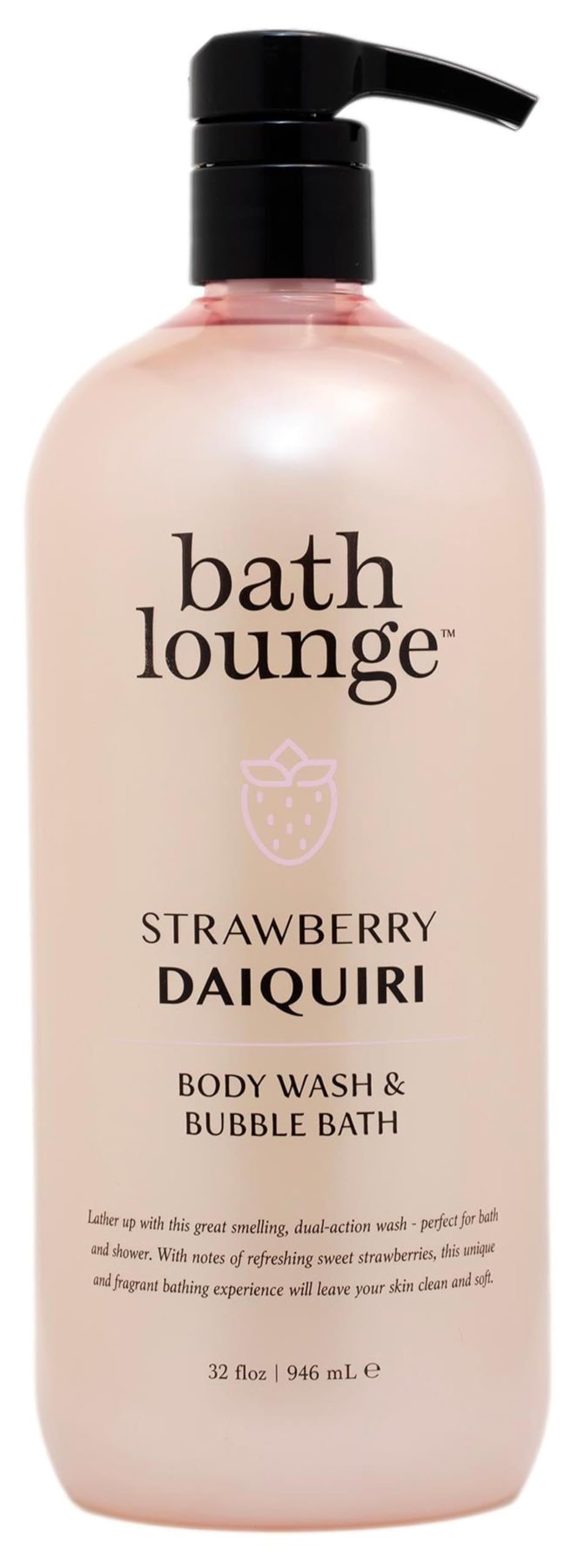 Bath Lounge Strawberry Daiquiri bottle pour, smooth cleansing for daily shower ritual.