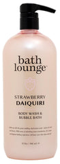 Bath Lounge Strawberry Daiquiri bottle pour, smooth cleansing for daily shower ritual.