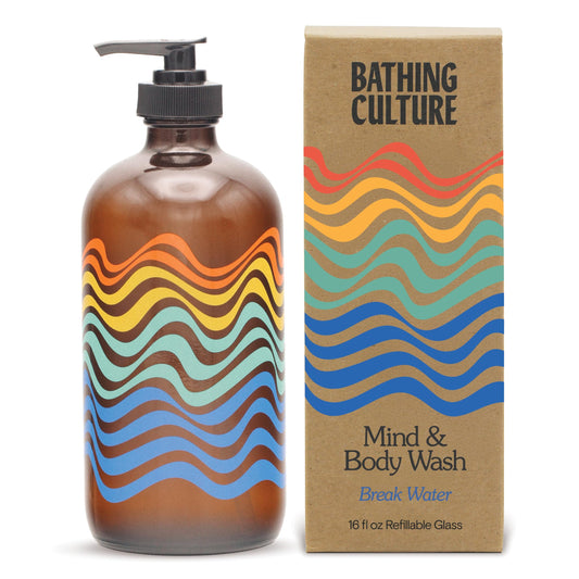 Bathing Culture Break Water bottle pour shows eco-friendly packaging for sustainable cleansing.