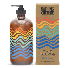Bathing Culture Break Water bottle pour shows eco-friendly packaging for sustainable cleansing.