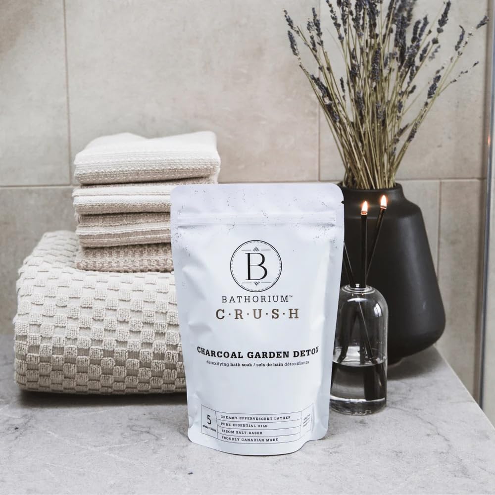Bathorium Charcoal Garden Detox Crush cozy bathroom scene for self-care