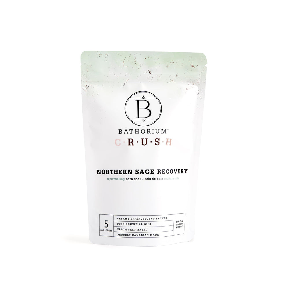 Bathorium Northern Sage Recovery Crush bag front label suggesting a soothing self-care ritual
