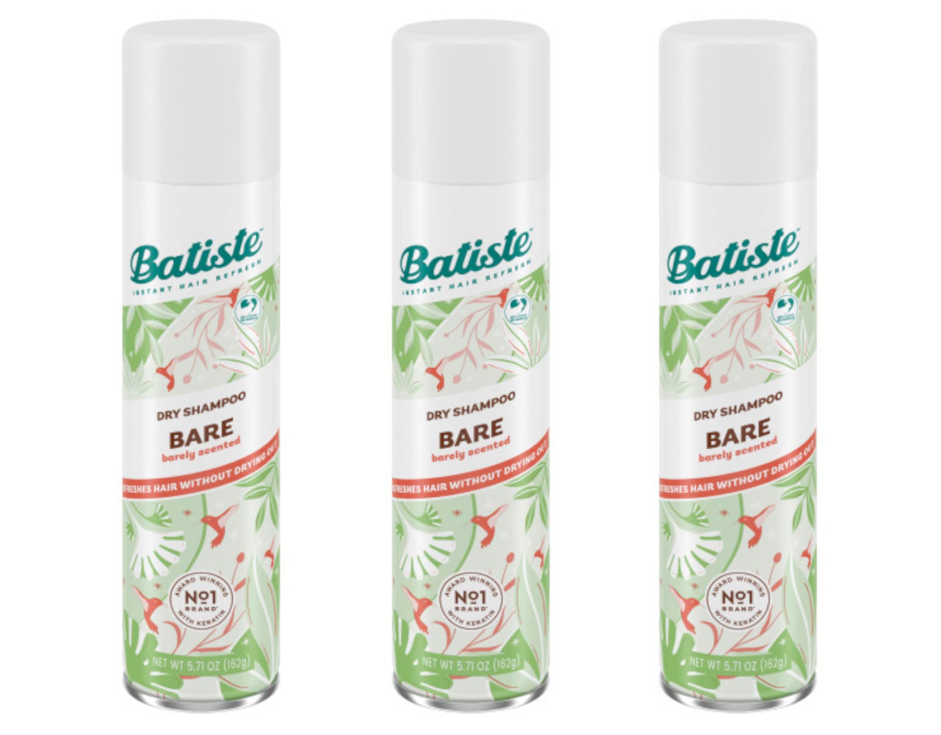 Batiste Bare Dry Shampoo bottle close-up showing root oil absorption.