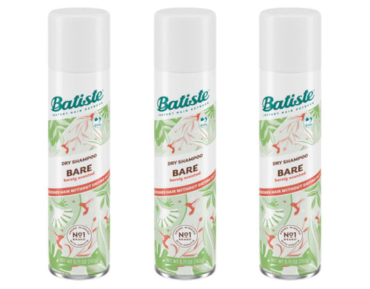 Batiste Bare Dry Shampoo bottle close-up showing root oil absorption.