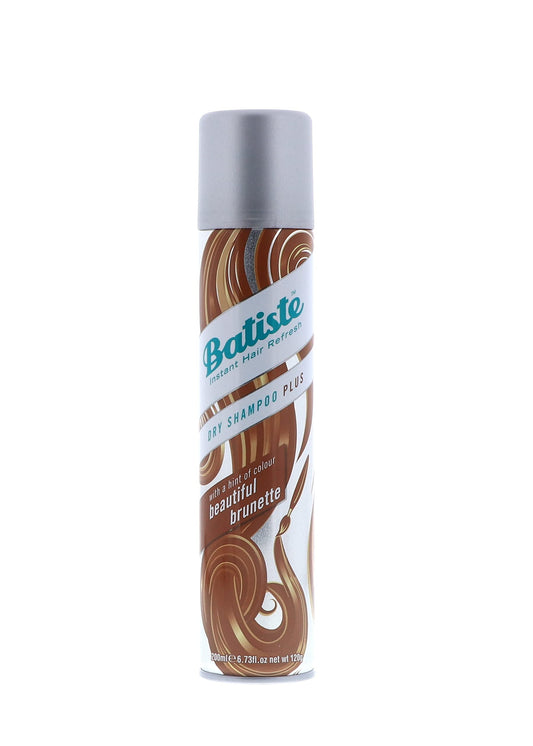 Batiste Beautiful Brunette dry shampoo bottle shown for quick oil absorption and refreshed roots