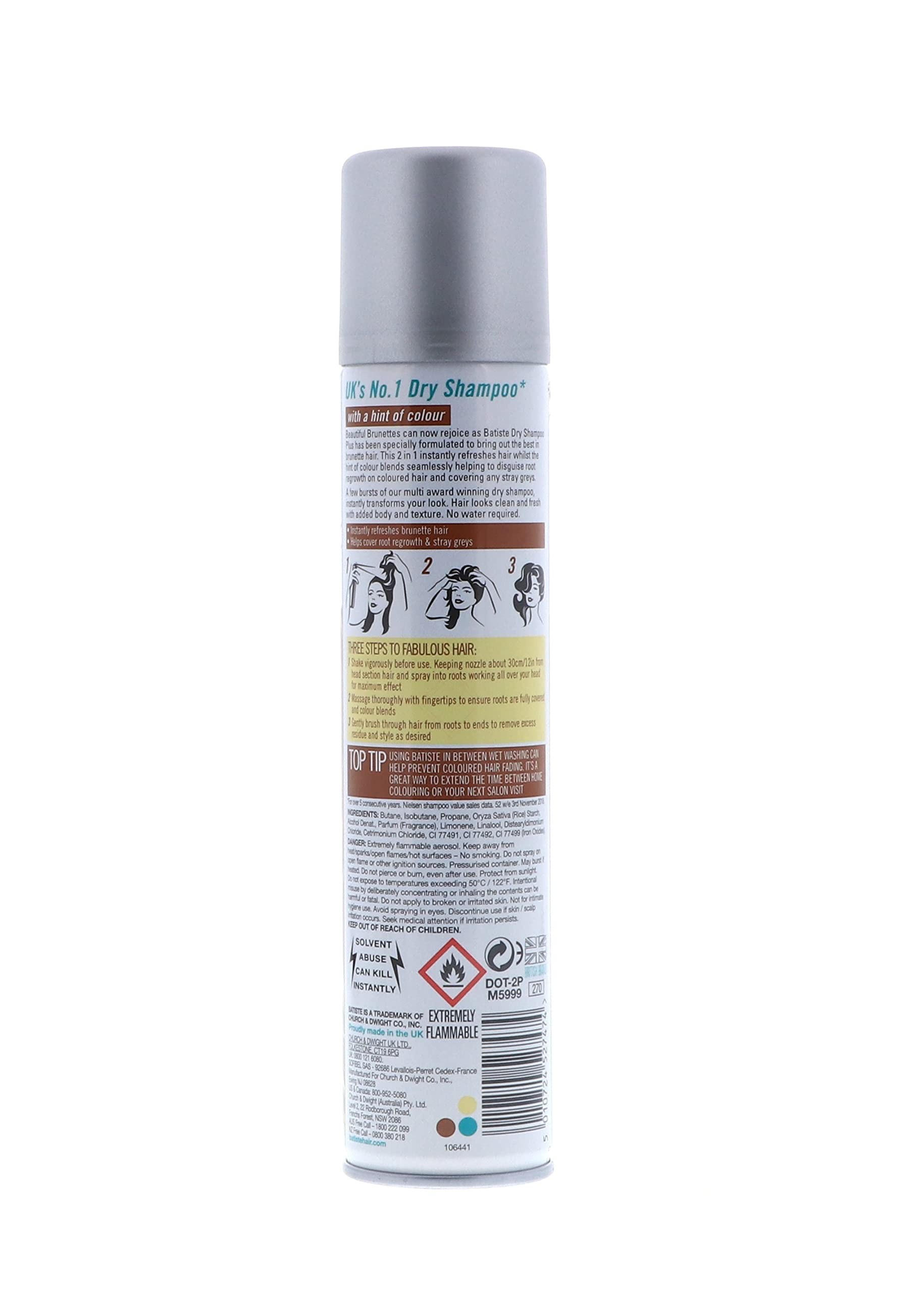 Back of can shows brunette shade that blends with dark hair