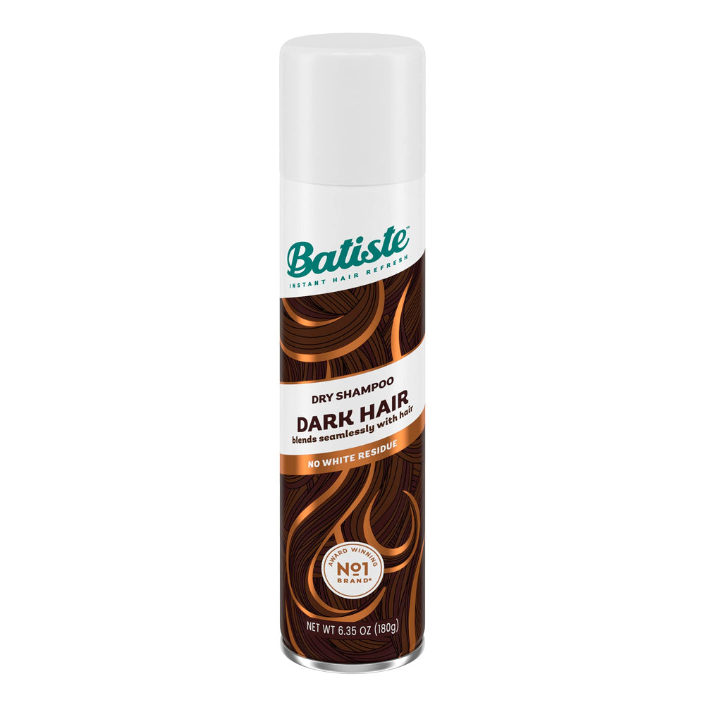 Batiste Dark Dry Shampoo bottle blends with brunette hair for seamless color.