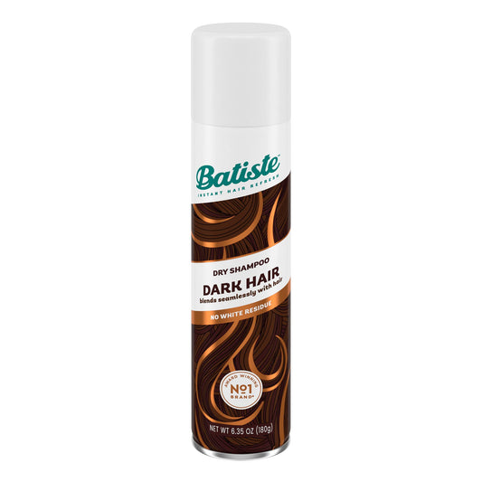 Batiste Dark Dry Shampoo bottle blends with brunette hair for seamless color.