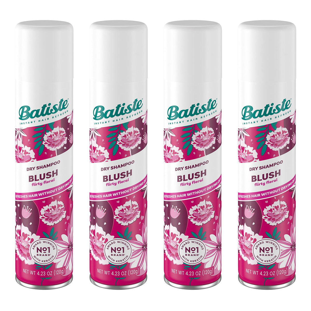 Batiste Dry Shampoo Blush bottle refreshes roots and boosts volume between washes.