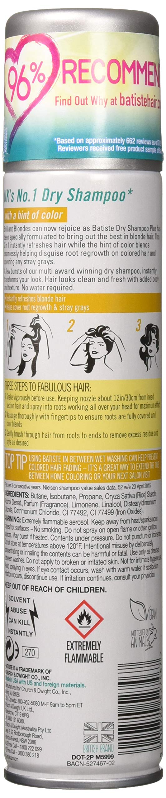 Batiste Dry Shampoo Plus Brilliant Blonde application spray shown for quick refresh between washes