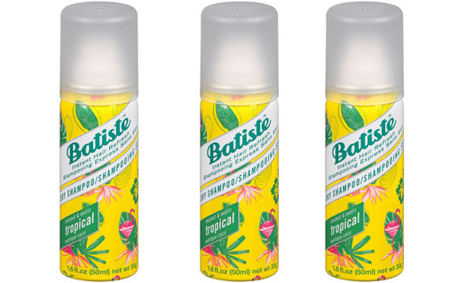 Batiste Tropical dry shampoo bottle for quick on-the-go refresh.