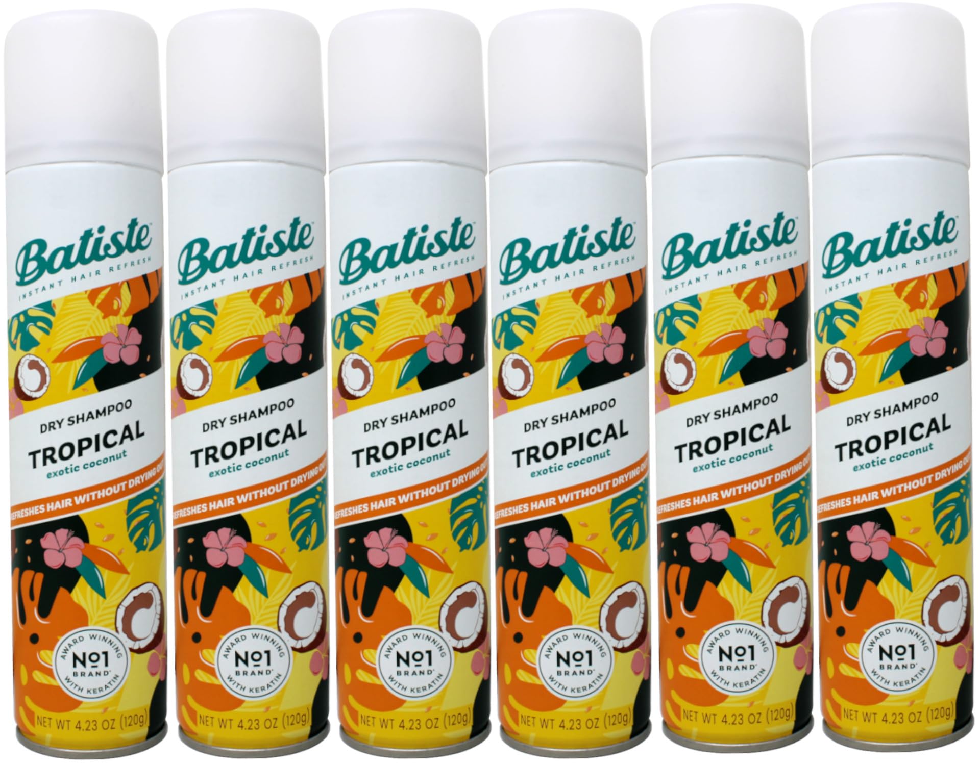 Batiste Dry Shampoo Tropical bottle pour for quick refresh between washes.