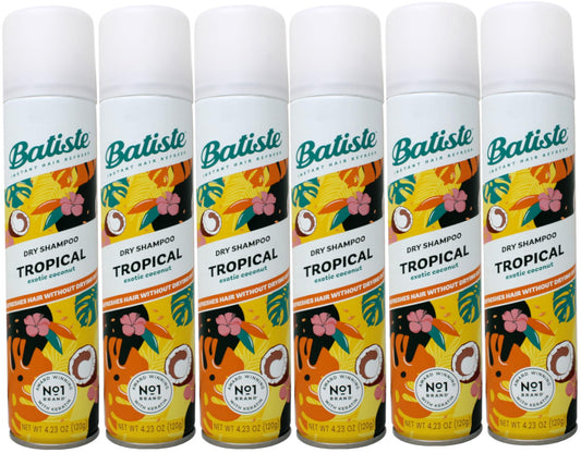 Batiste Dry Shampoo Tropical bottle pour for quick refresh between washes.
