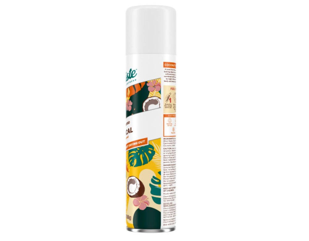 Batiste Dry Shampoo Tropical packaging display shows six cans for home and travel.