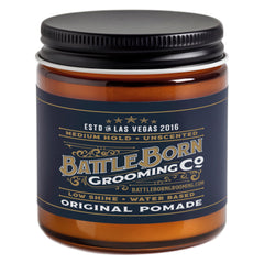 Battle Born Original Pomade unscented 4 oz bottle close-up, easy wash-out with water-based formula
