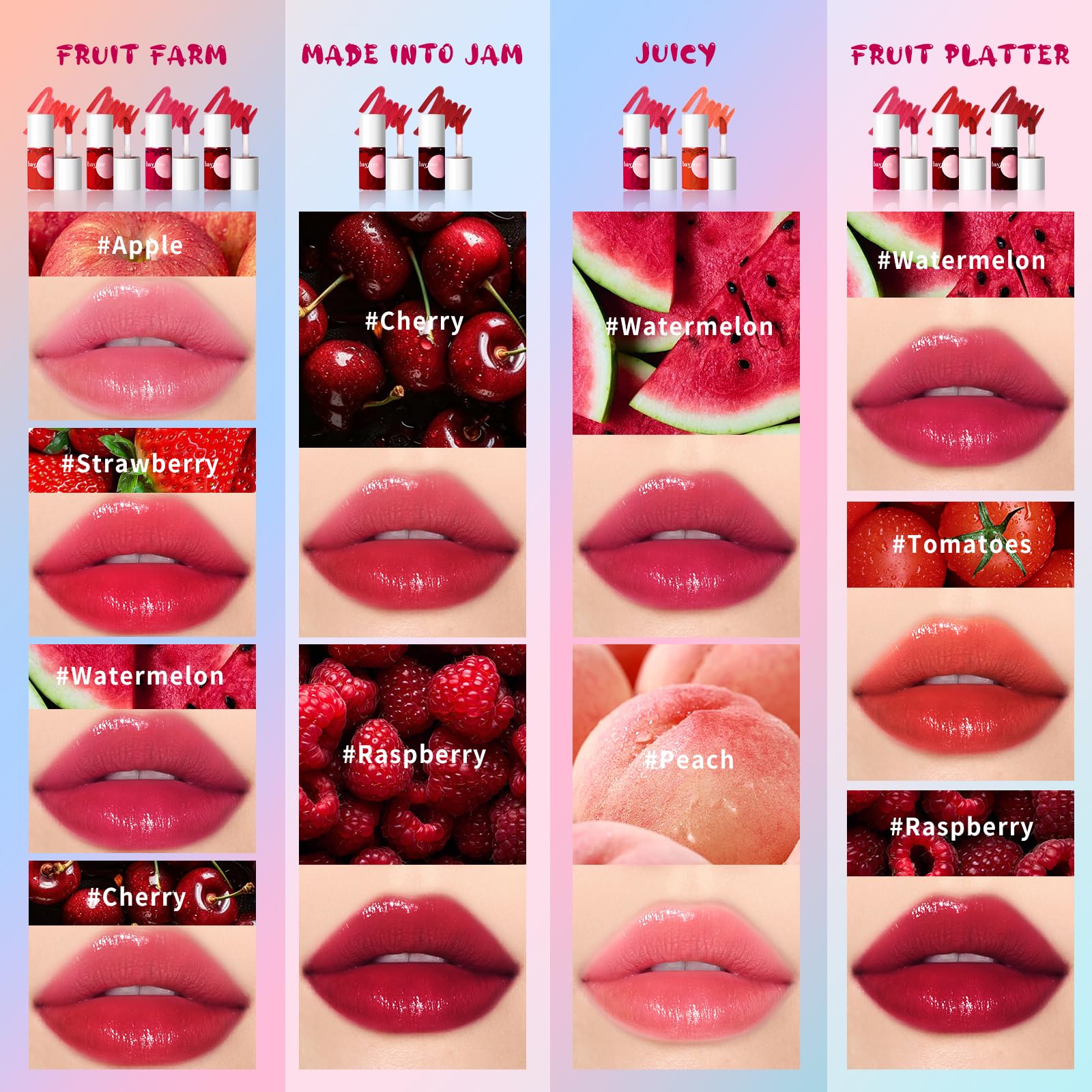 Bayfree Lip Tint Stain fruity shades feel non-greasy.
